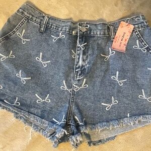 SHEIN Denim Shorts with White Bow Print coquette